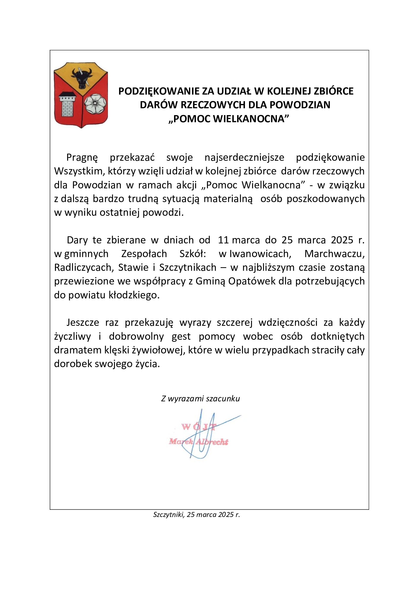 Podziękowanie za pomoc dla powodzian 25.03.2025